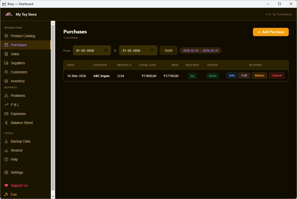 Recording a purchase in Bizzy Lite